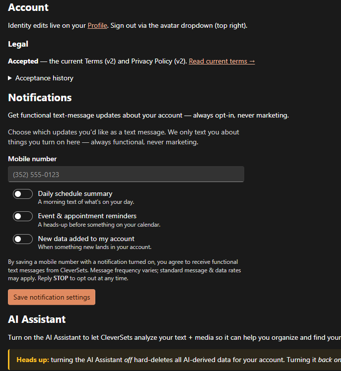 The CleverSets Settings → Notifications screen: a mobile-number field, three individual opt-in toggles (Daily schedule summary, Event and appointment reminders, New data added to my account), and consent text stating that saving a mobile number with a notification turned on constitutes agreement to receive functional text messages from CleverSets, that message frequency varies, that standard message and data rates may apply, and that replying STOP opts out at any time.